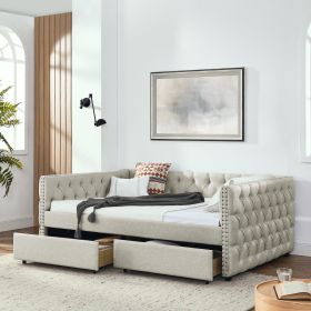 Upholstered Full Size Daybed with Two Drawers, with Button and Copper Nail on Square Arms, Beige (82.75''x58''x30.75'')