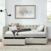 Upholstered Full Size Daybed with Two Drawers, with Button and Copper Nail on Square Arms, Beige (82.75''x58''x30.75'')