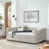 Upholstered Full Size Daybed with Two Drawers, with Button and Copper Nail on Square Arms, Beige (82.75''x58''x30.75'')