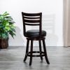 24" Counter Height Slat Back Swivel Stool, Espresso Finish, Black Leather Seat