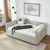 Upholstered Full Size Daybed with Two Drawers, with Button and Copper Nail on Square Arms, Beige (82.75''x58''x30.75'')