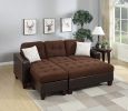 Chocolate Plush Microfiber / Faux Leather 3pcs Reversible Sectional Sofa Chaise w Ottoman Chaise Tufted Couch Lounge Living Room Furniture