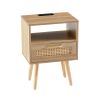 15.75" Rattan End table with Power Outlet & USB Ports , Modern nightstand with drawer and solid wood legs, side table for living room, bedroom,natural