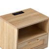 15.75" Rattan End table with Power Outlet & USB Ports , Modern nightstand with drawer and solid wood legs, side table for living room, bedroom,natural