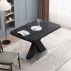 Modern Square Dining Table,Stretchable,Printed Black Marble Table Top+MDF X-Shape Table Leg with Metal Base