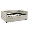 Upholstered Full Size Daybed with Two Drawers, with Button and Copper Nail on Square Arms, Beige (82.75''x58''x30.75'')