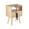 15.75" Rattan End table with Power Outlet & USB Ports , Modern nightstand with drawer and solid wood legs, side table for living room, bedroom,natural