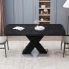 Modern Square Dining Table,Stretchable,Printed Black Marble Table Top+MDF X-Shape Table Leg with Metal Base