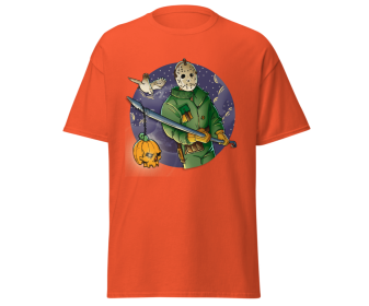 Halloween jason with spear fashion red t-shirt merchyprint, size M (Color: orange)