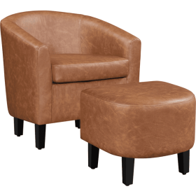 Barrel Accent Chair with Ottoman (Color: Brown Faux Leather)