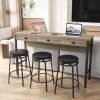 3-Drawer Long Dining Table Set with Power Outlets, Bar Kitchen Table Set with Circular PU Stools, Easy Assemble